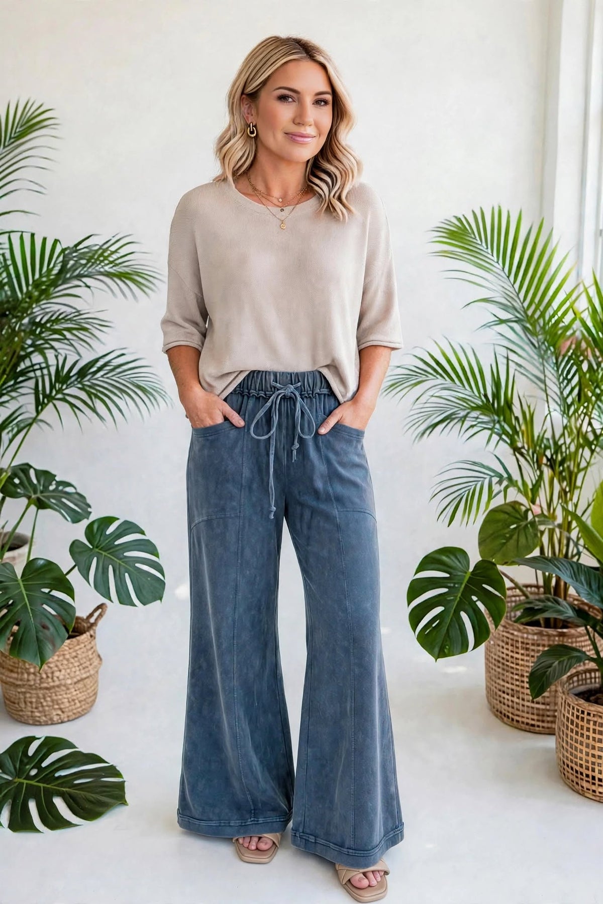 Washed Seam Drawstring Leg Flare Pants | S-XL