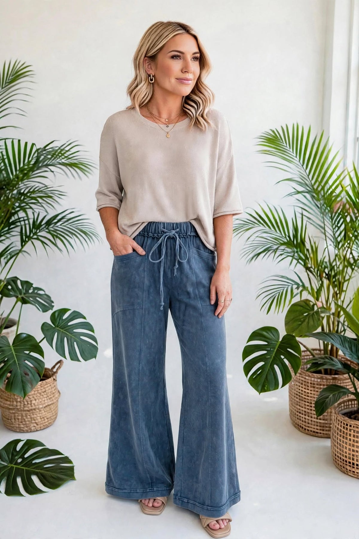 Washed Seam Drawstring Leg Flare Pants | S-XL