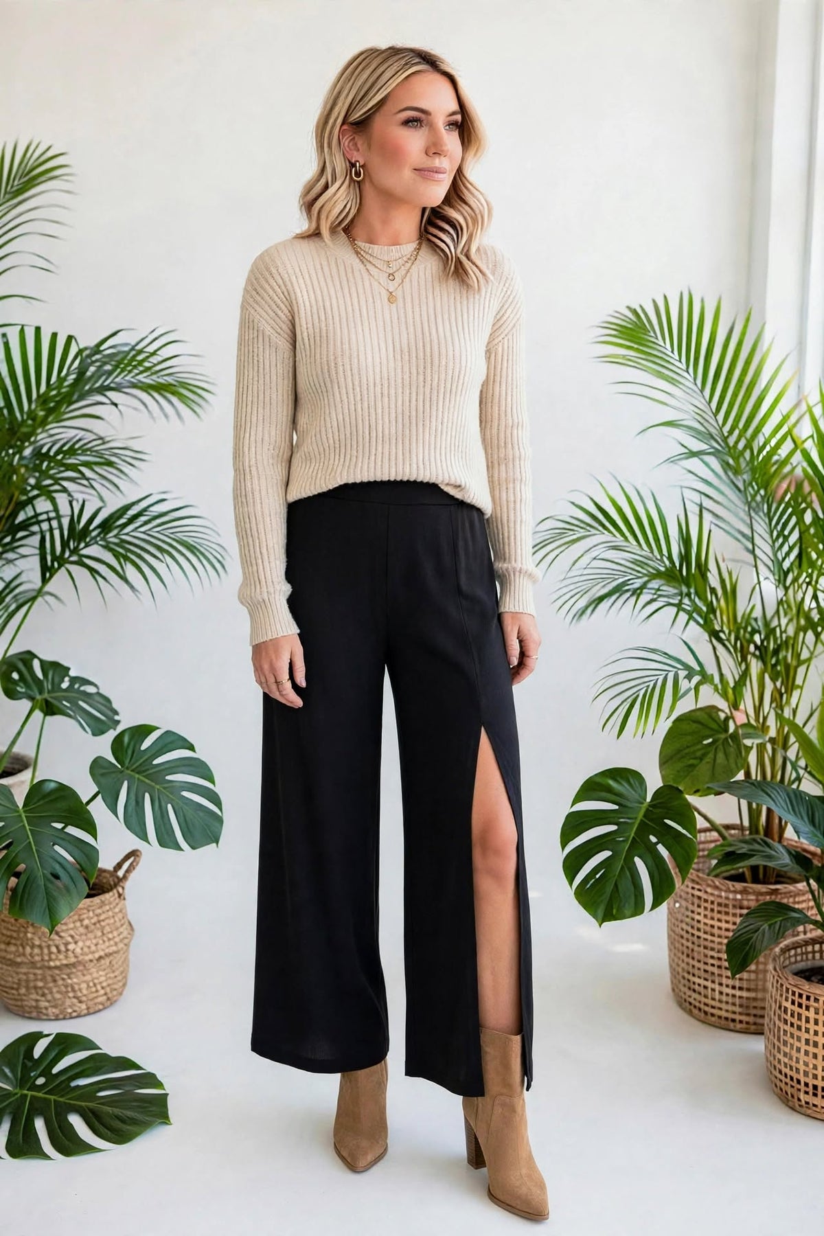 Open Leg Mid Waist Pants