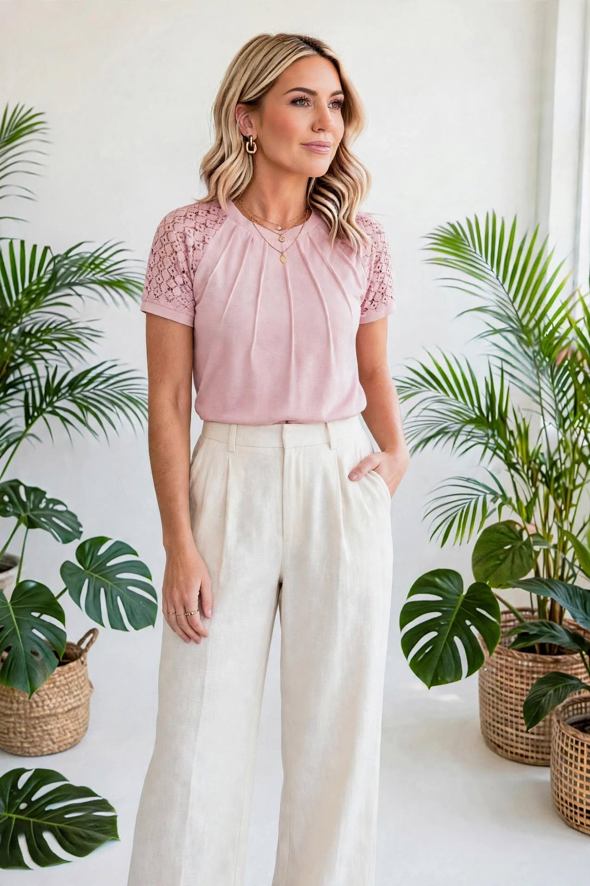 Seamed Detail Contrast Lace Raglan Sleeve Top | S-XL