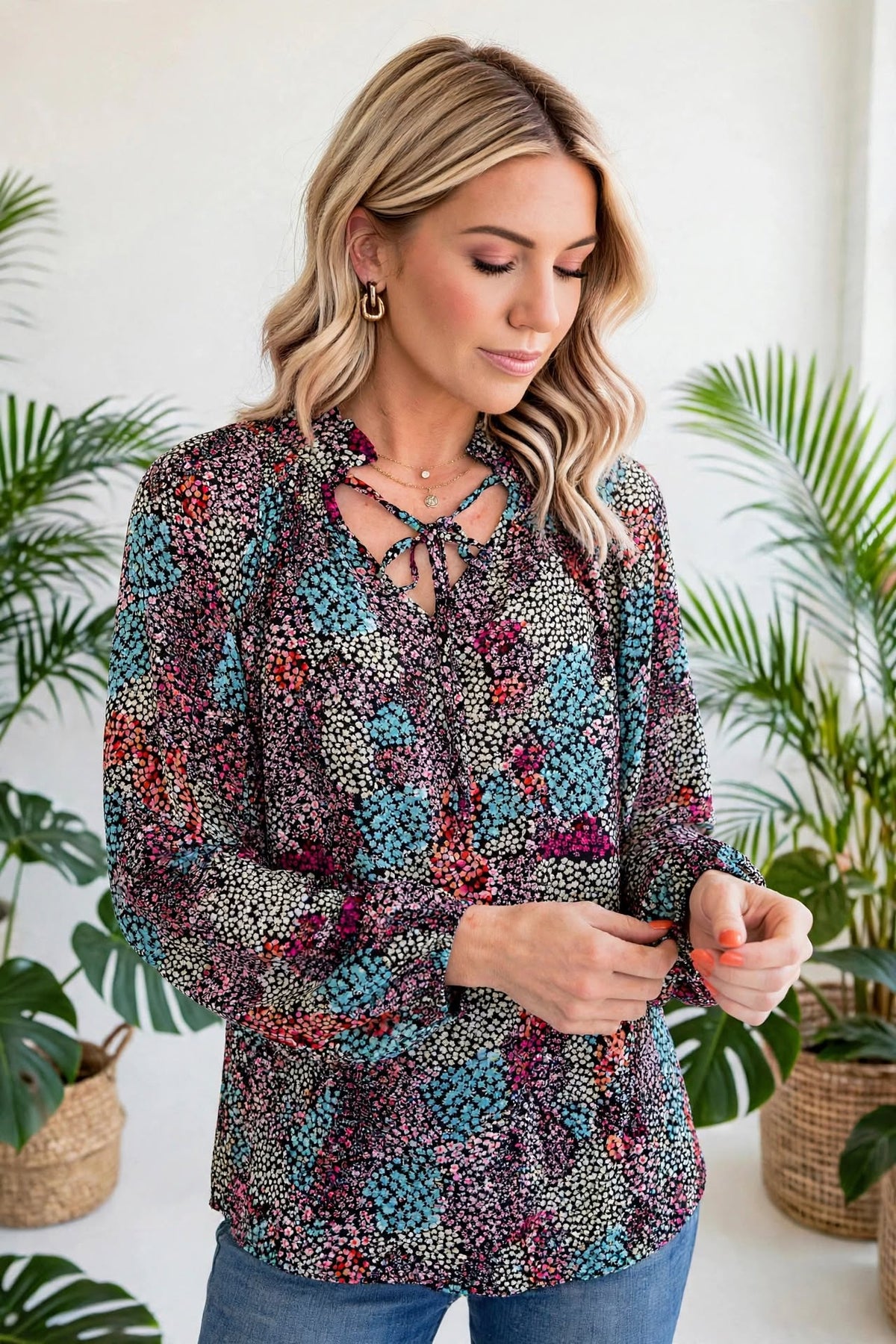 Vibrant Floral Tie V-Neck Blouse
