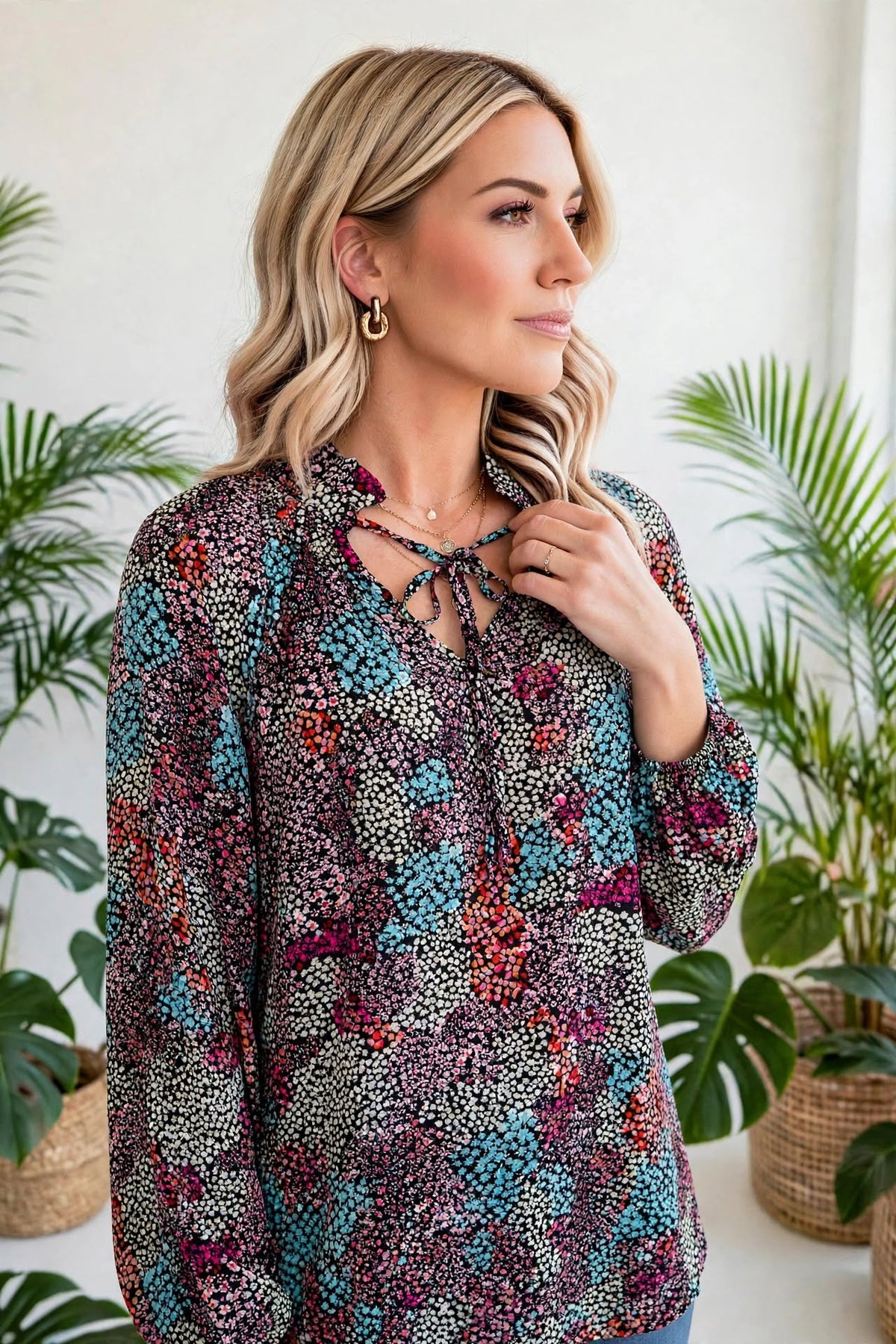 Vibrant Floral Tie V-Neck Blouse