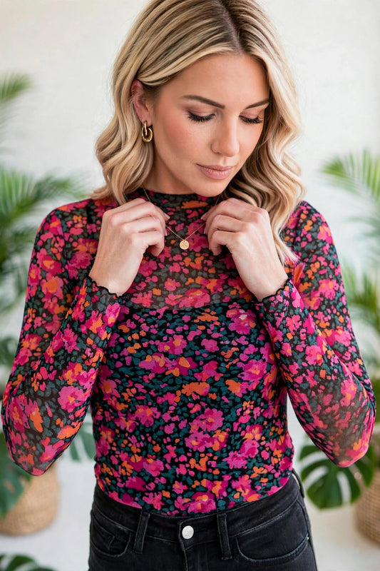 Floral Mesh Mock Neck Long Sleeve Top | S-XL