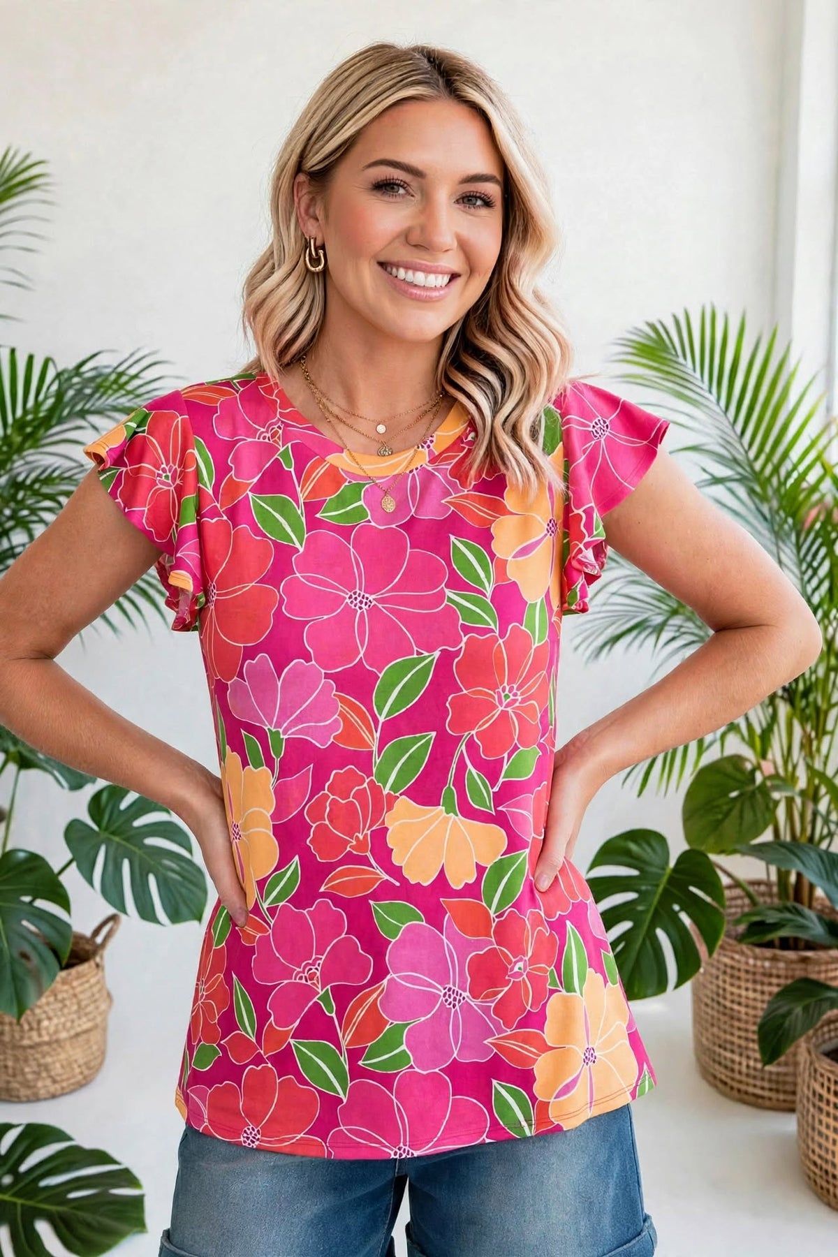 Paradise Floral Ruffle Sleeve top| S-3X