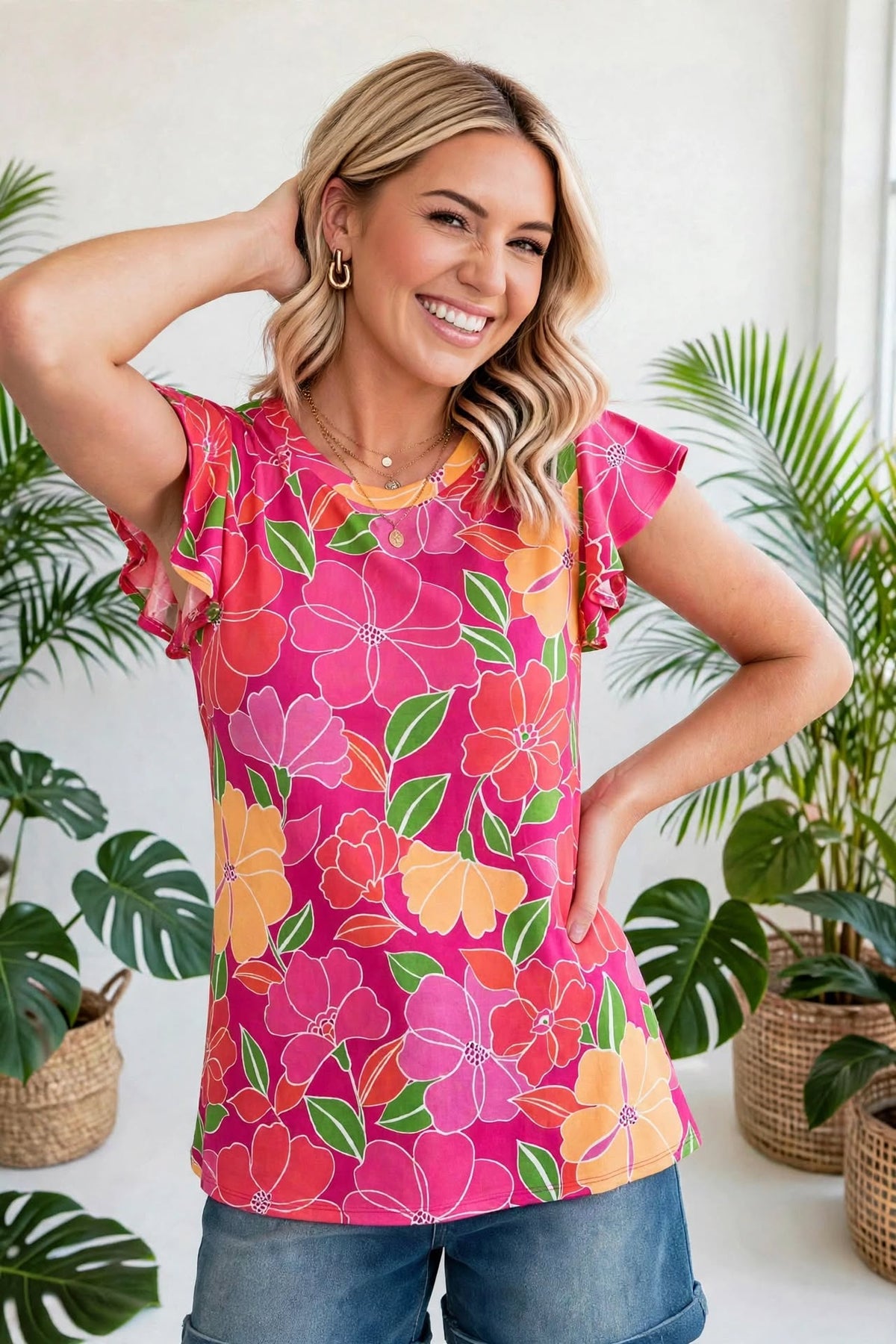 Paradise Floral Ruffle Sleeve top| S-3X