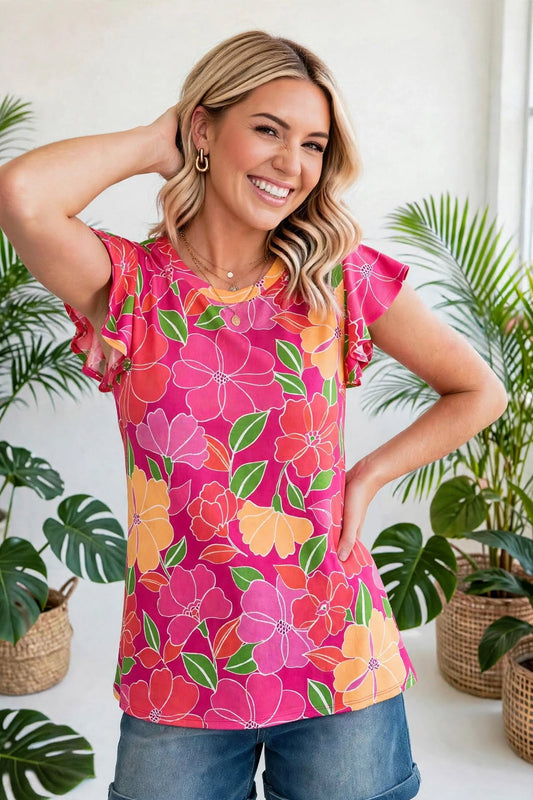 Paradise Floral Ruffle Sleeve top| S-3X