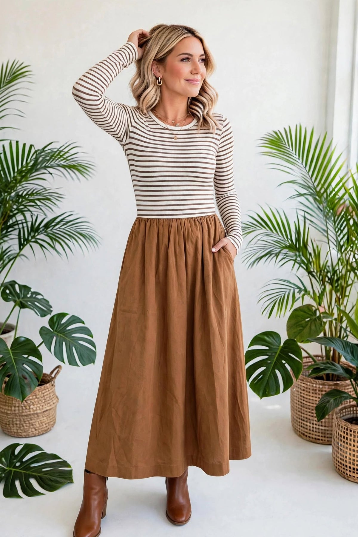 Stripe Sculpt Knit Flared Dress | S-XL