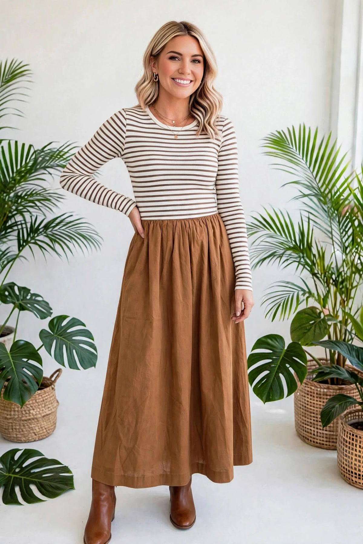 Stripe Sculpt Knit Flared Dress | S-XL