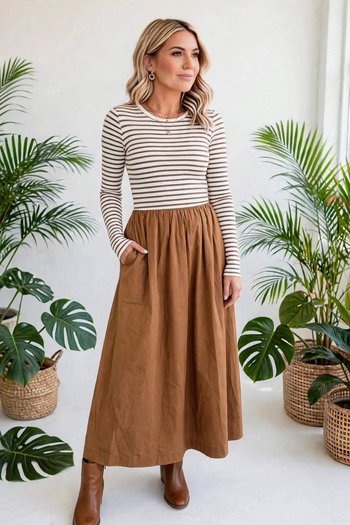 Stripe Sculpt Knit Flared Dress | S-XL