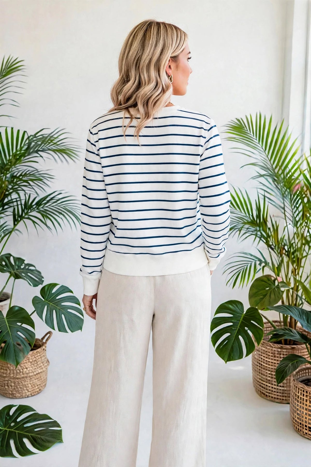 Striped Ribbed Trim Long Sleeve Top