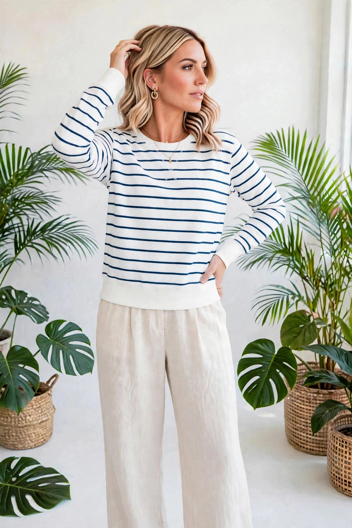 Striped Ribbed Trim Long Sleeve Top