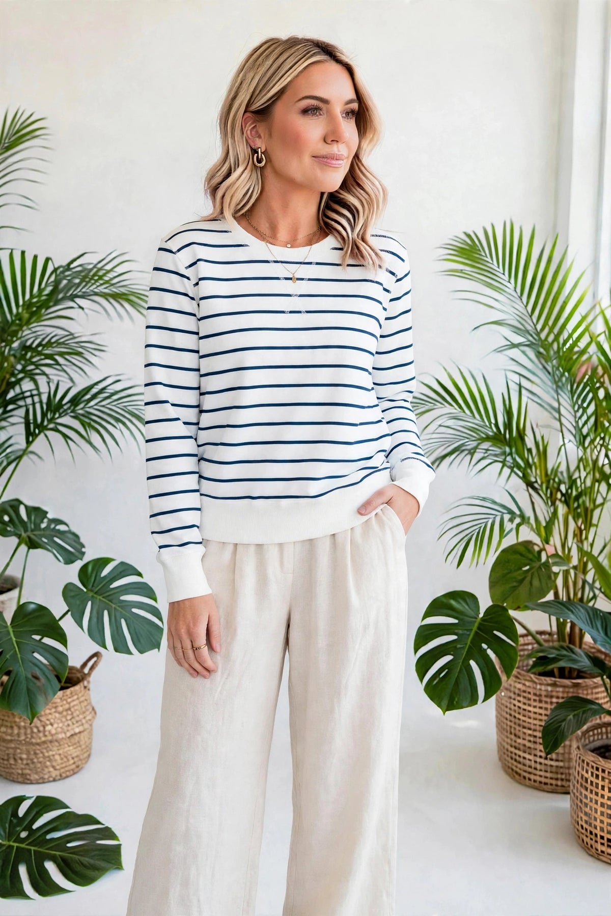 Striped Ribbed Trim Long Sleeve Top