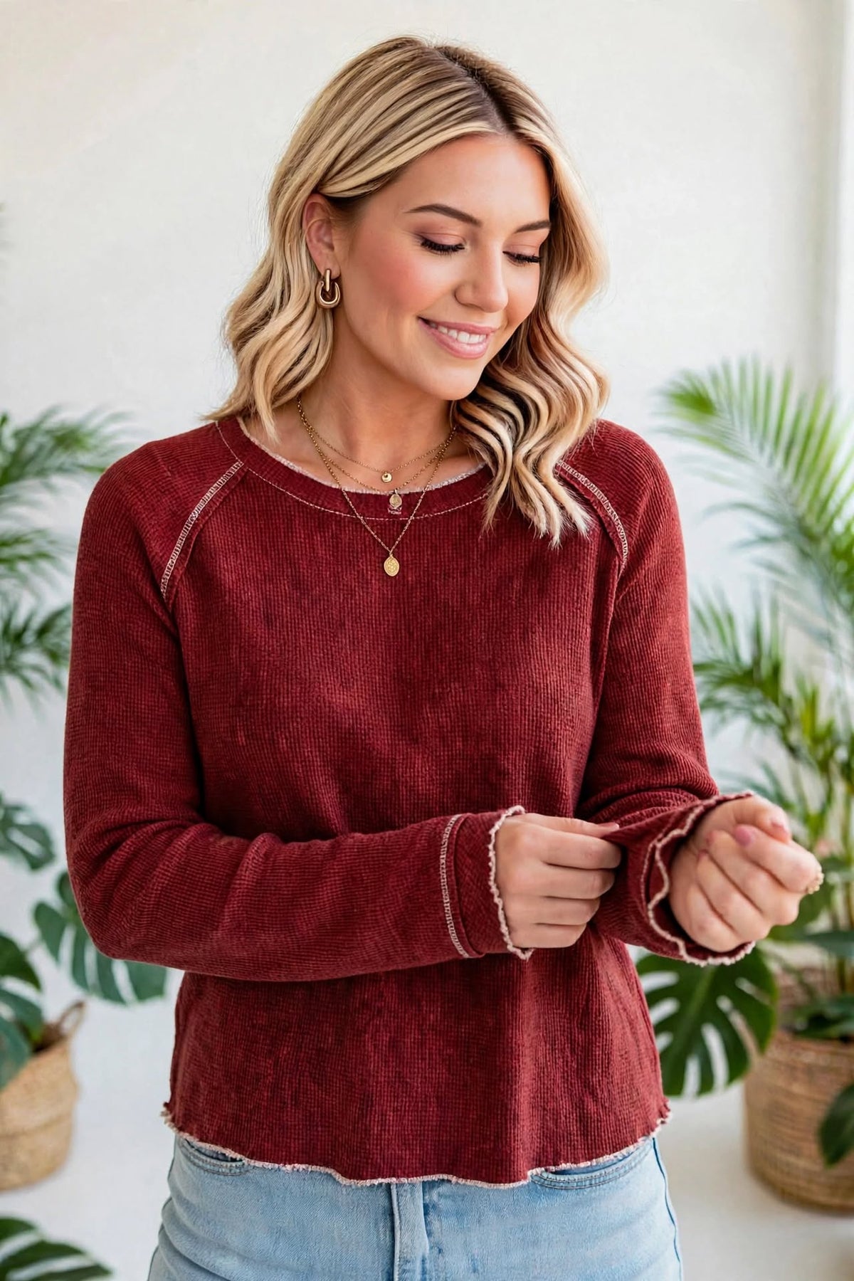 Textured Round Neck Long Sleeve Top