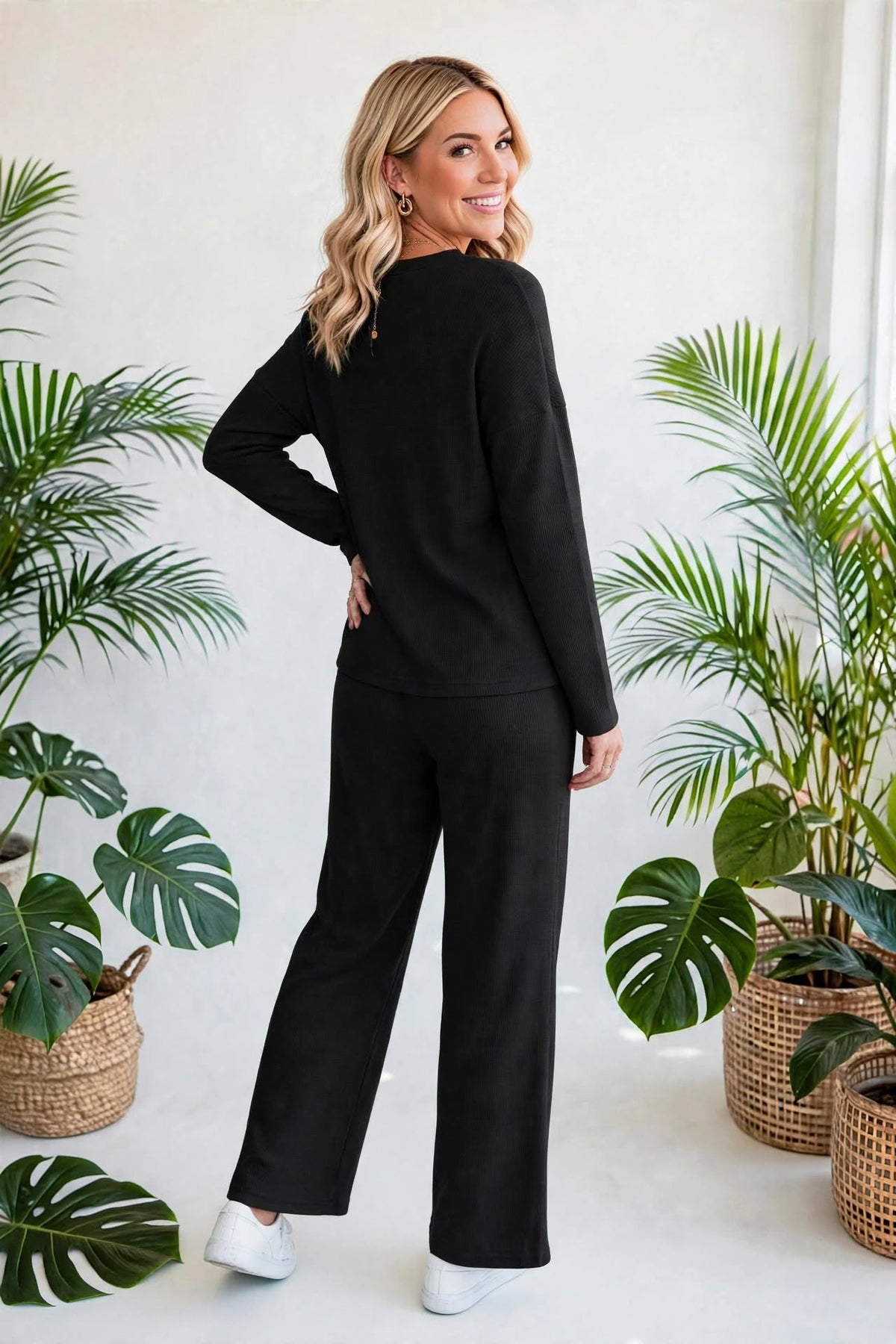 Textured Long Sleeve Tops and Pants Lounge Set