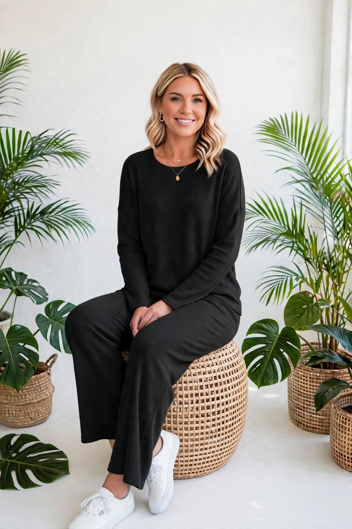 Textured Long Sleeve Tops and Pants Lounge Set