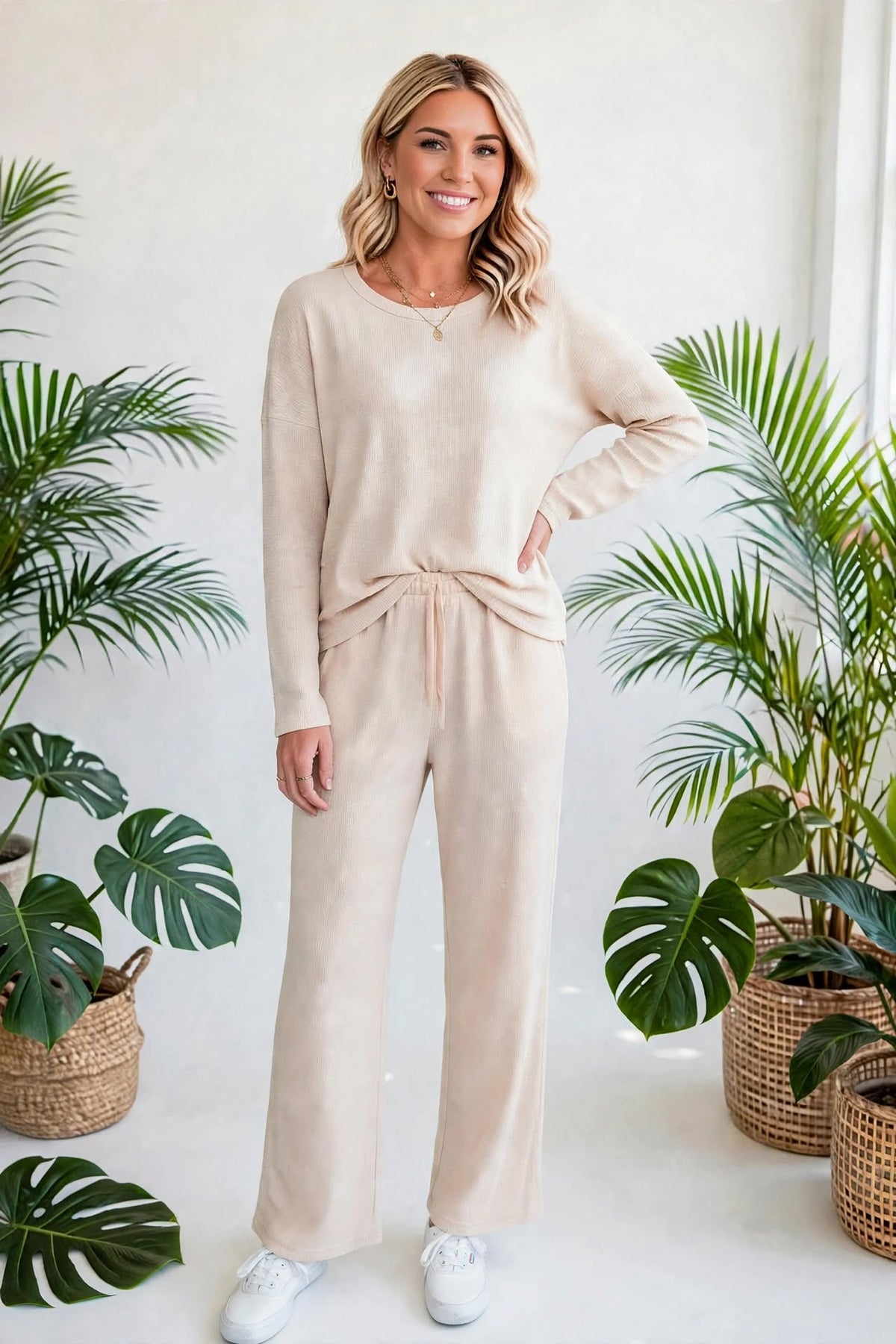 Textured Long Sleeve Tops and Pants Lounge Set