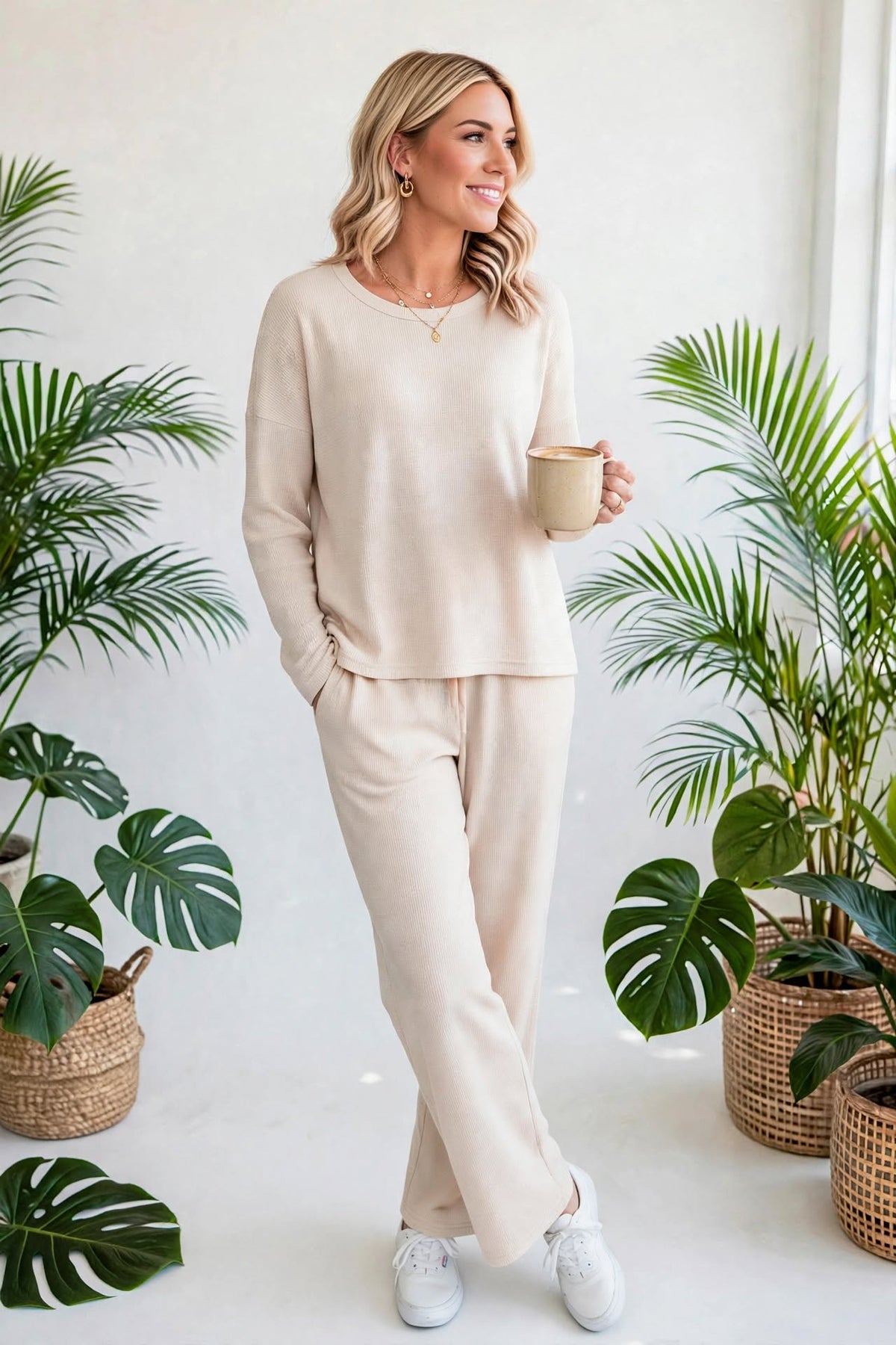 Textured Long Sleeve Tops and Pants Lounge Set
