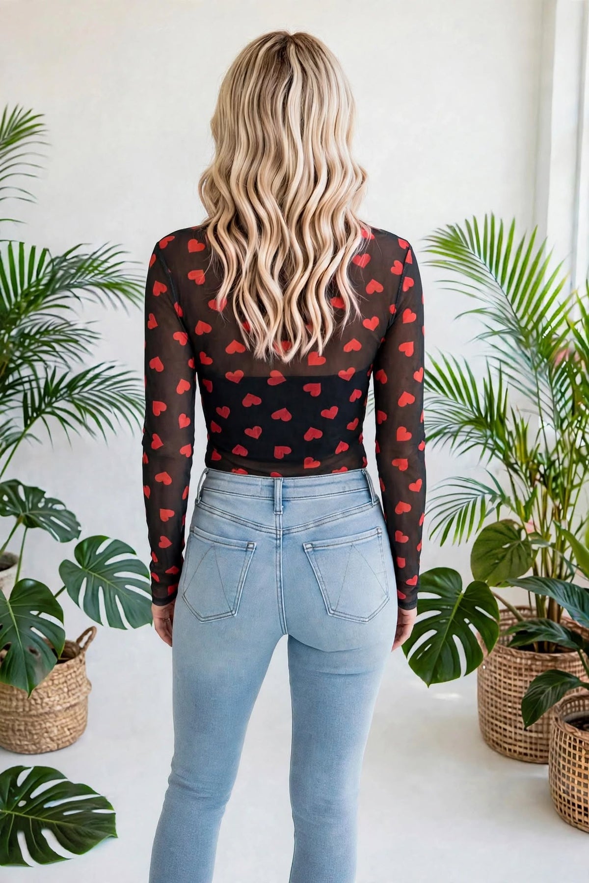 Valentines Heart Printed Sheer Mesh Long Sleeve Top | S-XL