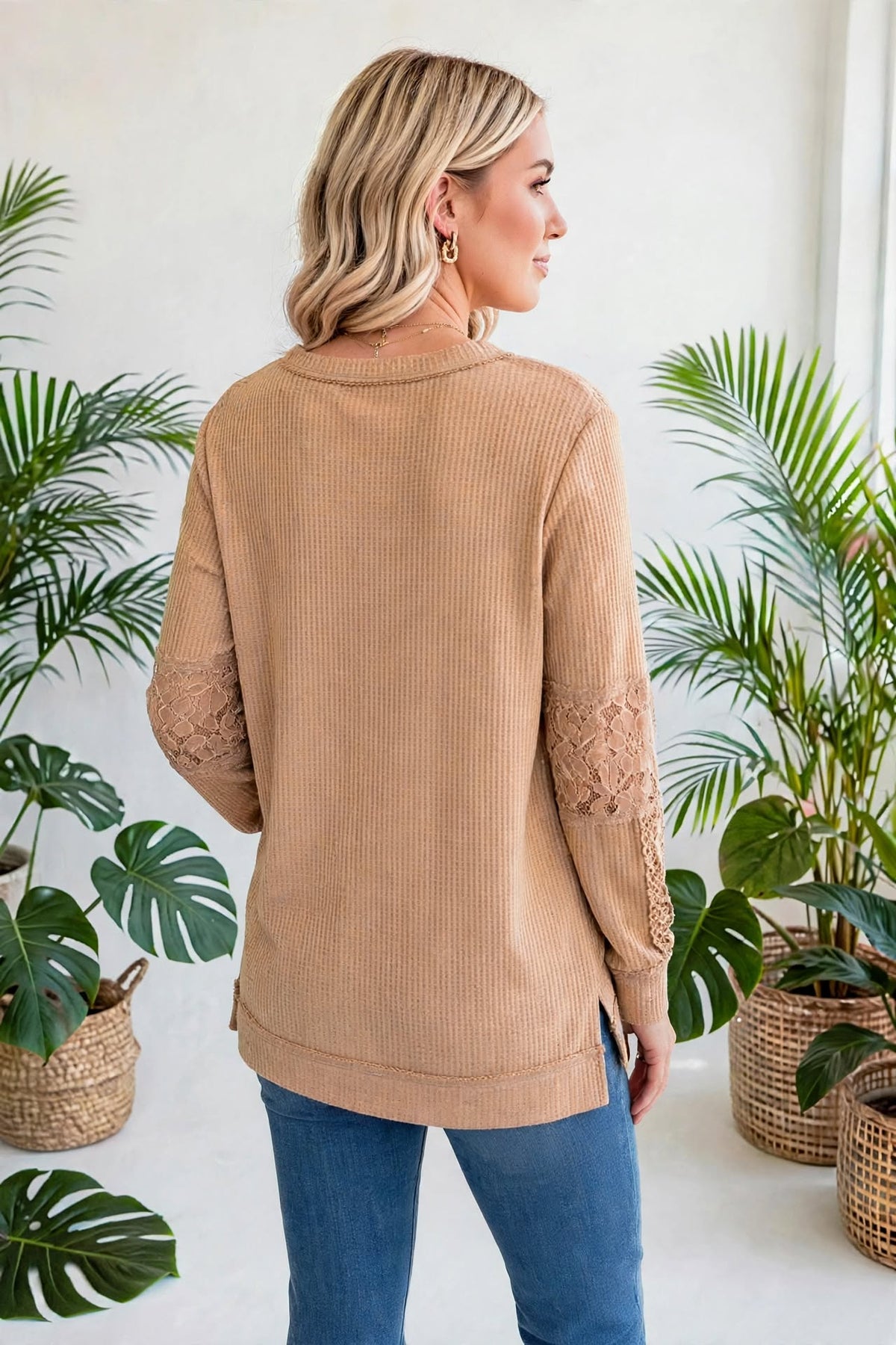 Waffle And Floral Lace Long Sleeve Top