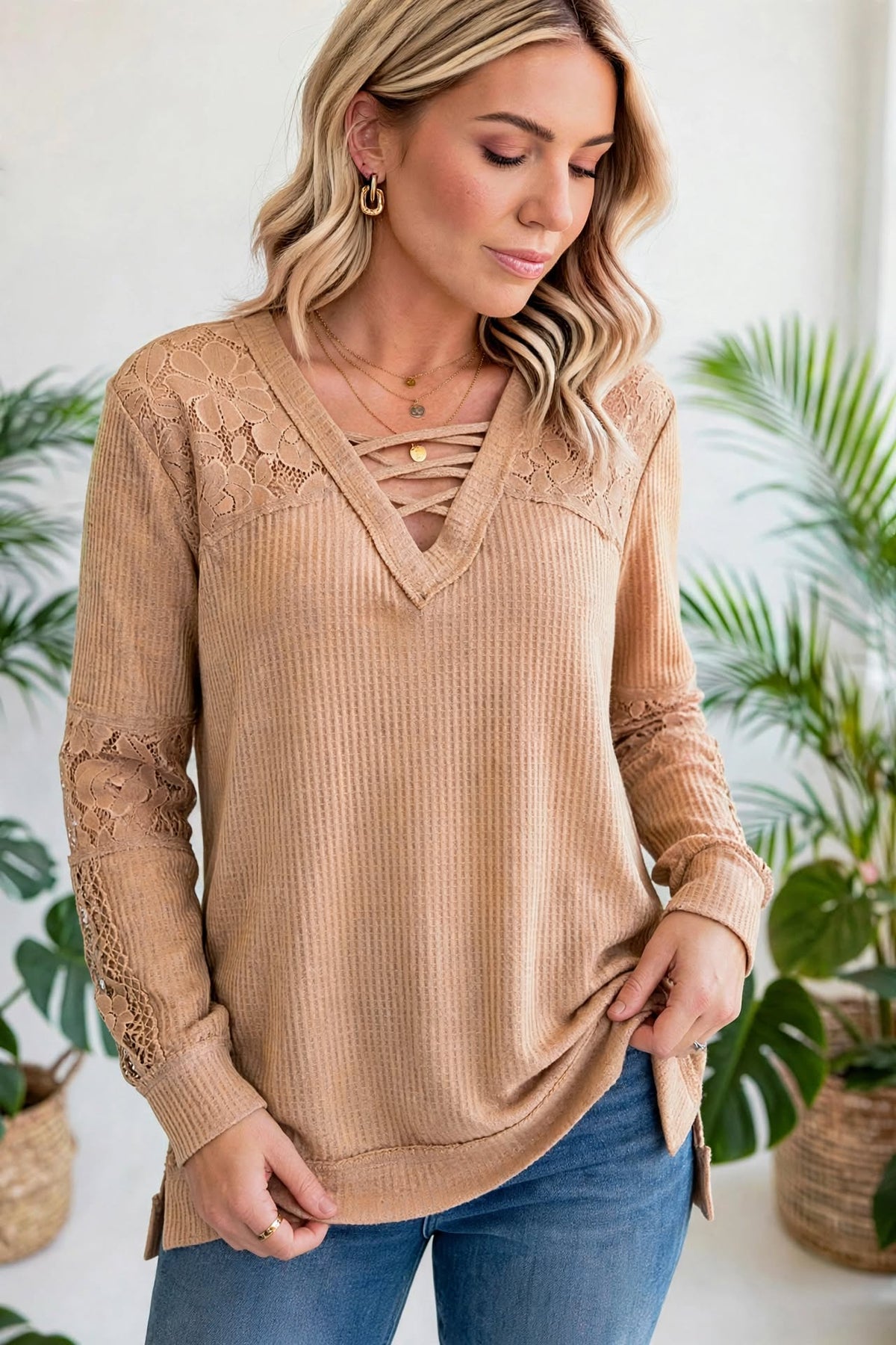 Waffle And Floral Lace Long Sleeve Top