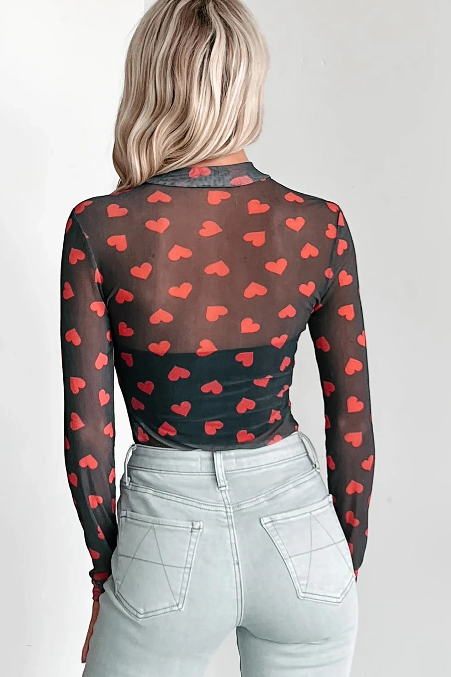 Valentines Heart Printed Sheer Mesh Long Sleeve Top | S-XL