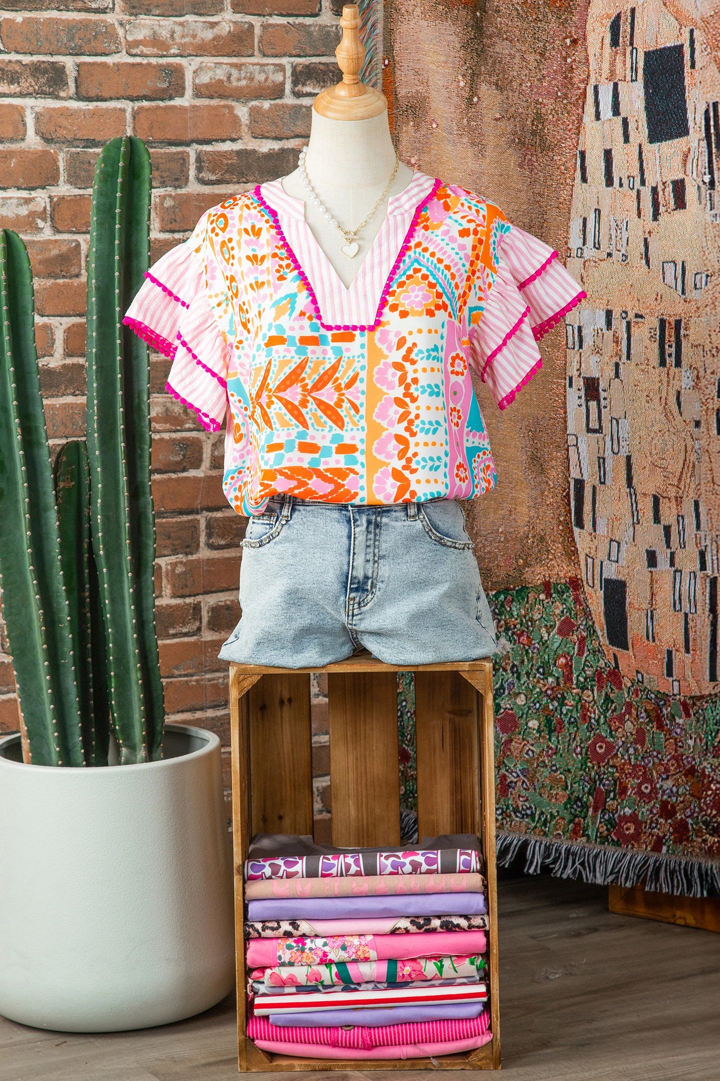 Boho Mixed Print Tiered Short Sleeve Blouse | S-XL