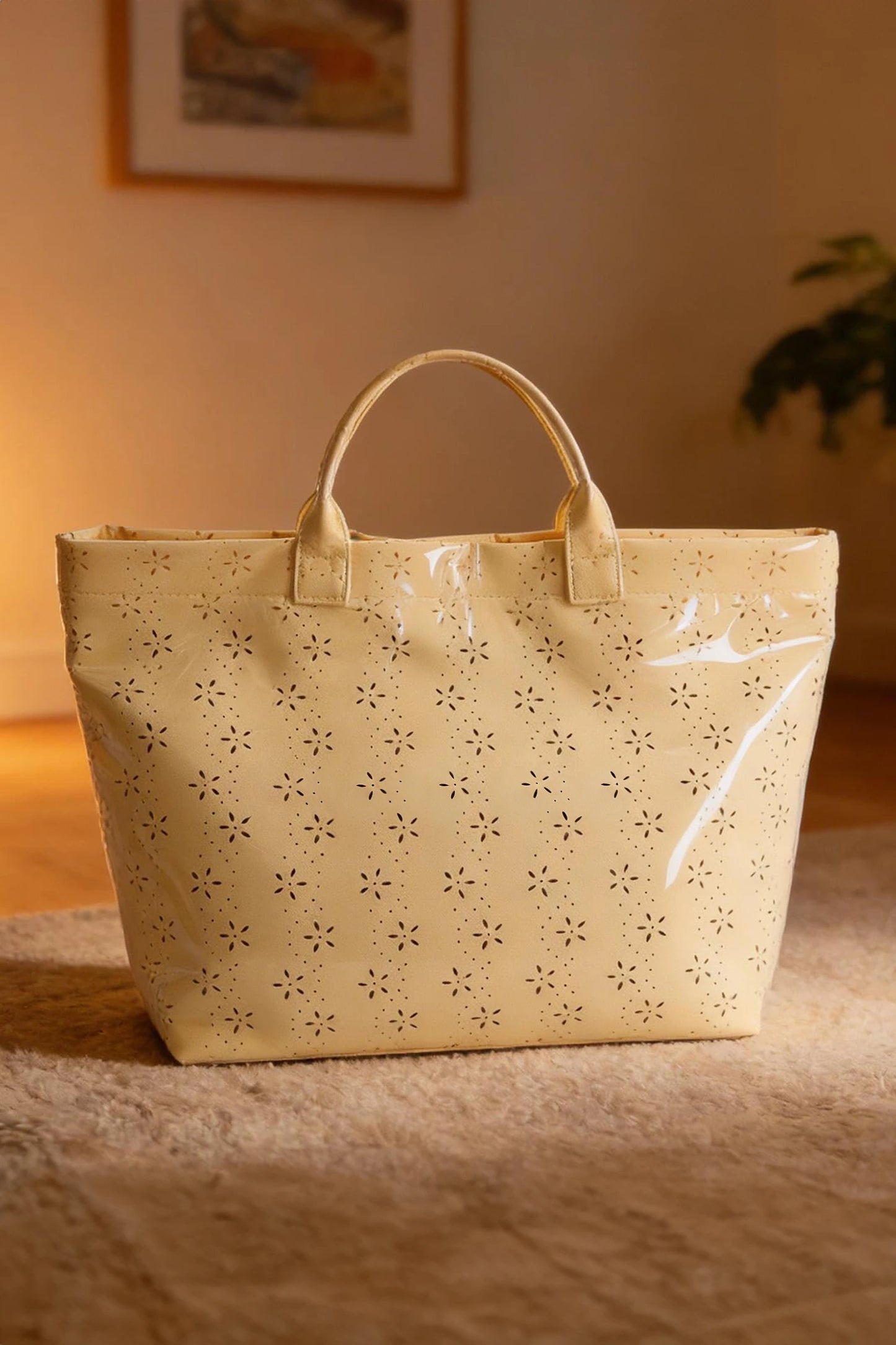 Glossy Floral Eyelet Waterproof Tote Bag