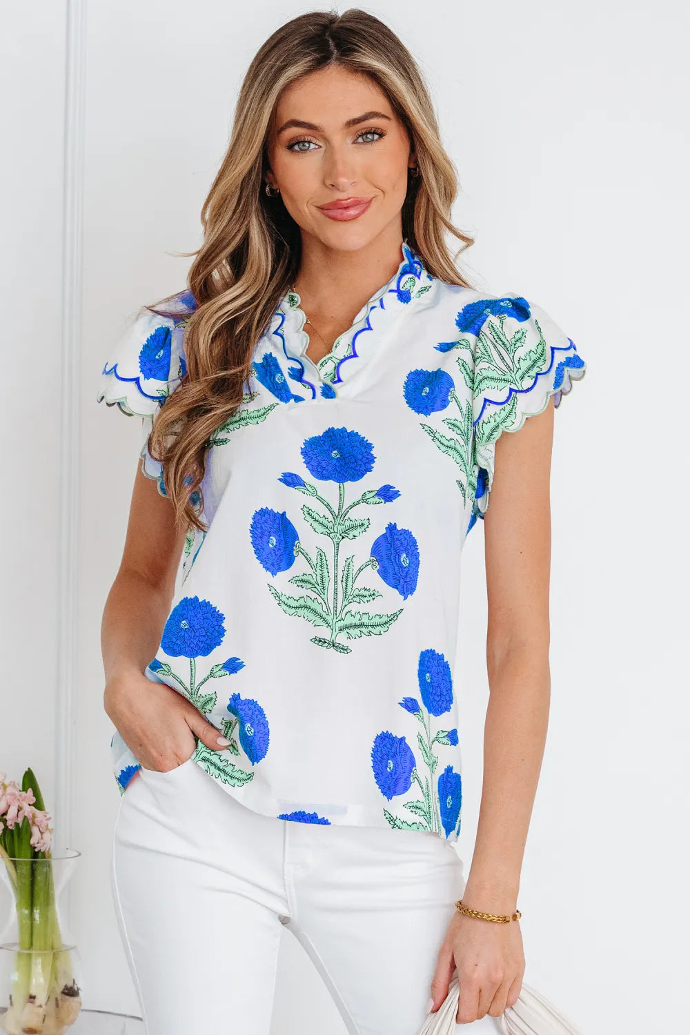 Floral  Print Scallop Trim Blouse | S-XL