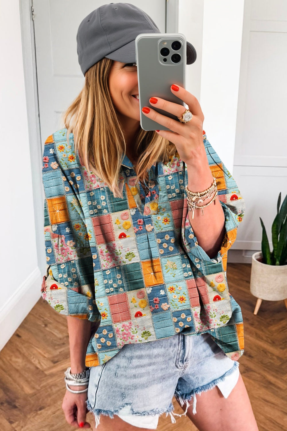 Boho Print  Bloom Collared Roll up Sleeve Blouse | S-XL