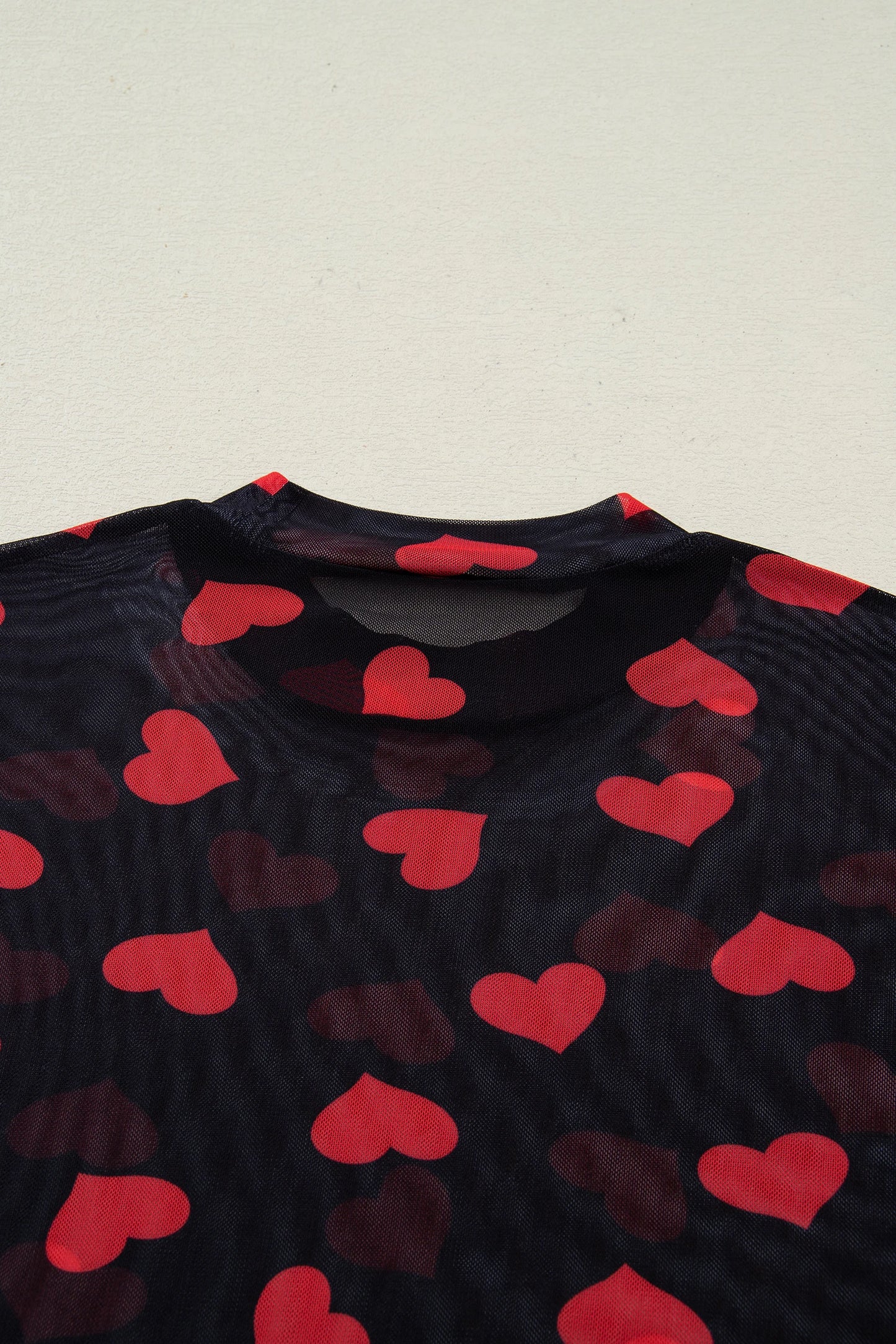 Valentines Heart Printed Sheer Mesh Long Sleeve Top | S-XL