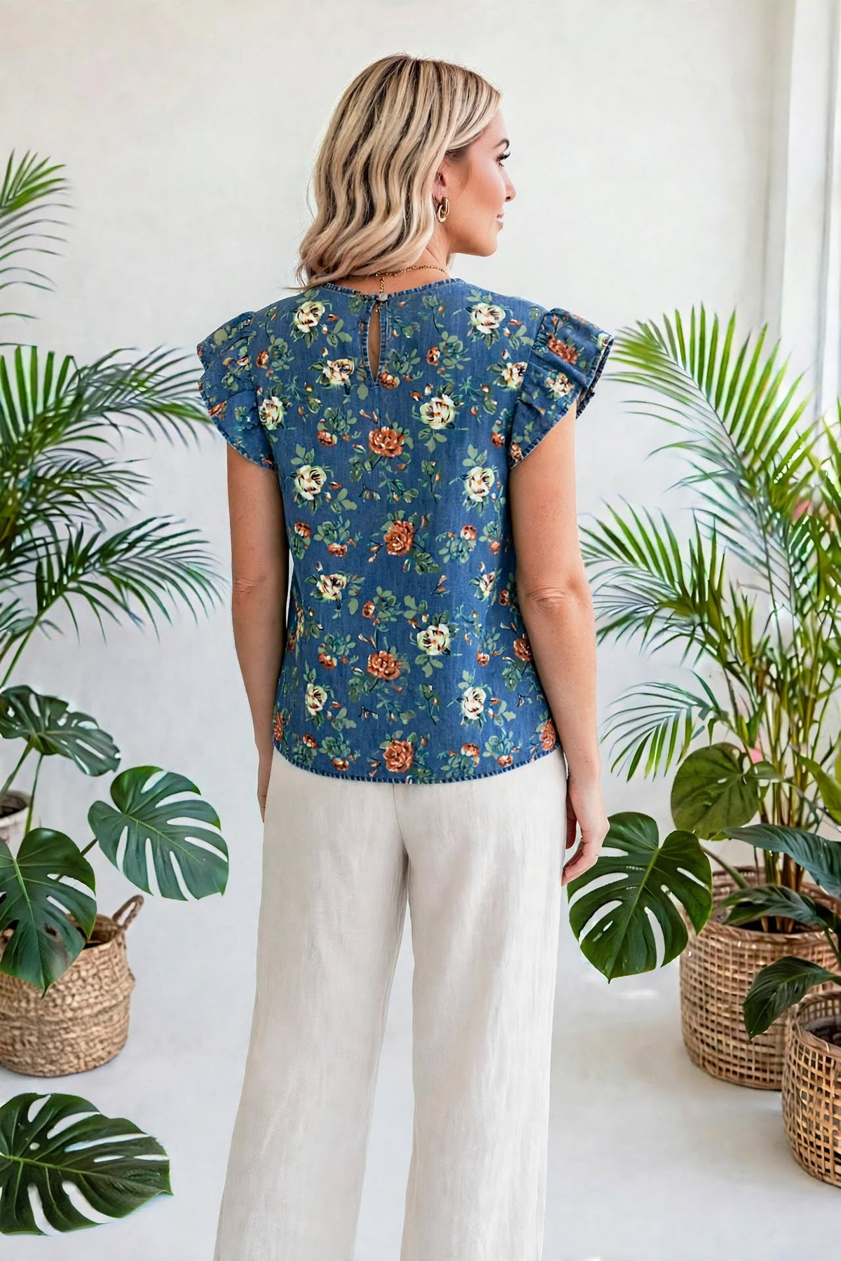 Casual Floral Denim Puff Sleeve Top | S-XL