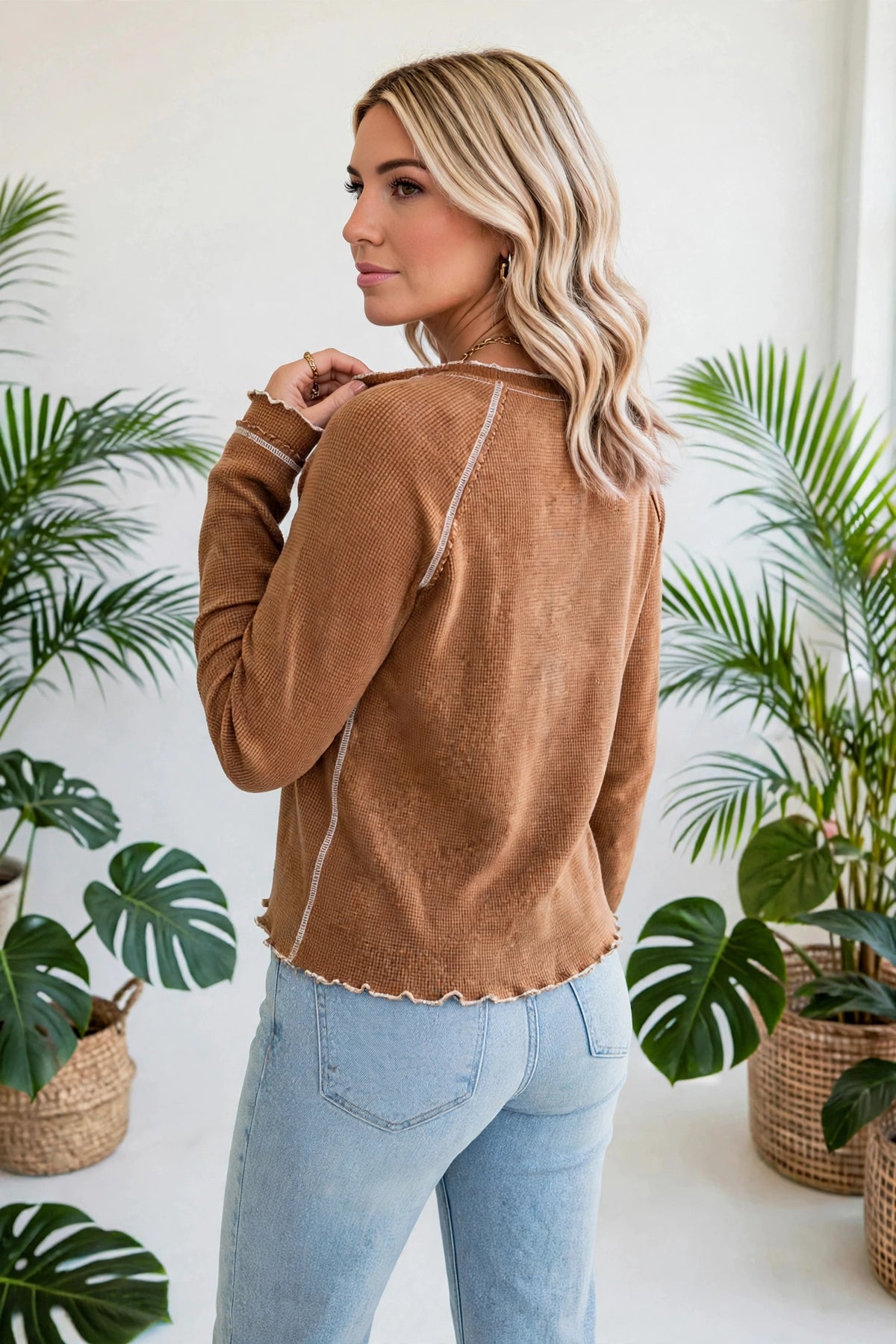 Textured Round Neck Long Sleeve Top