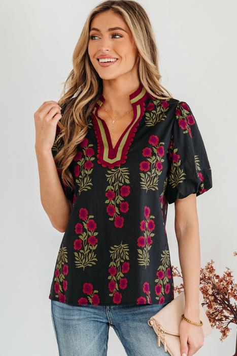 Sweet Bloom Contrast Bubble Sleeve Top  | S-XL