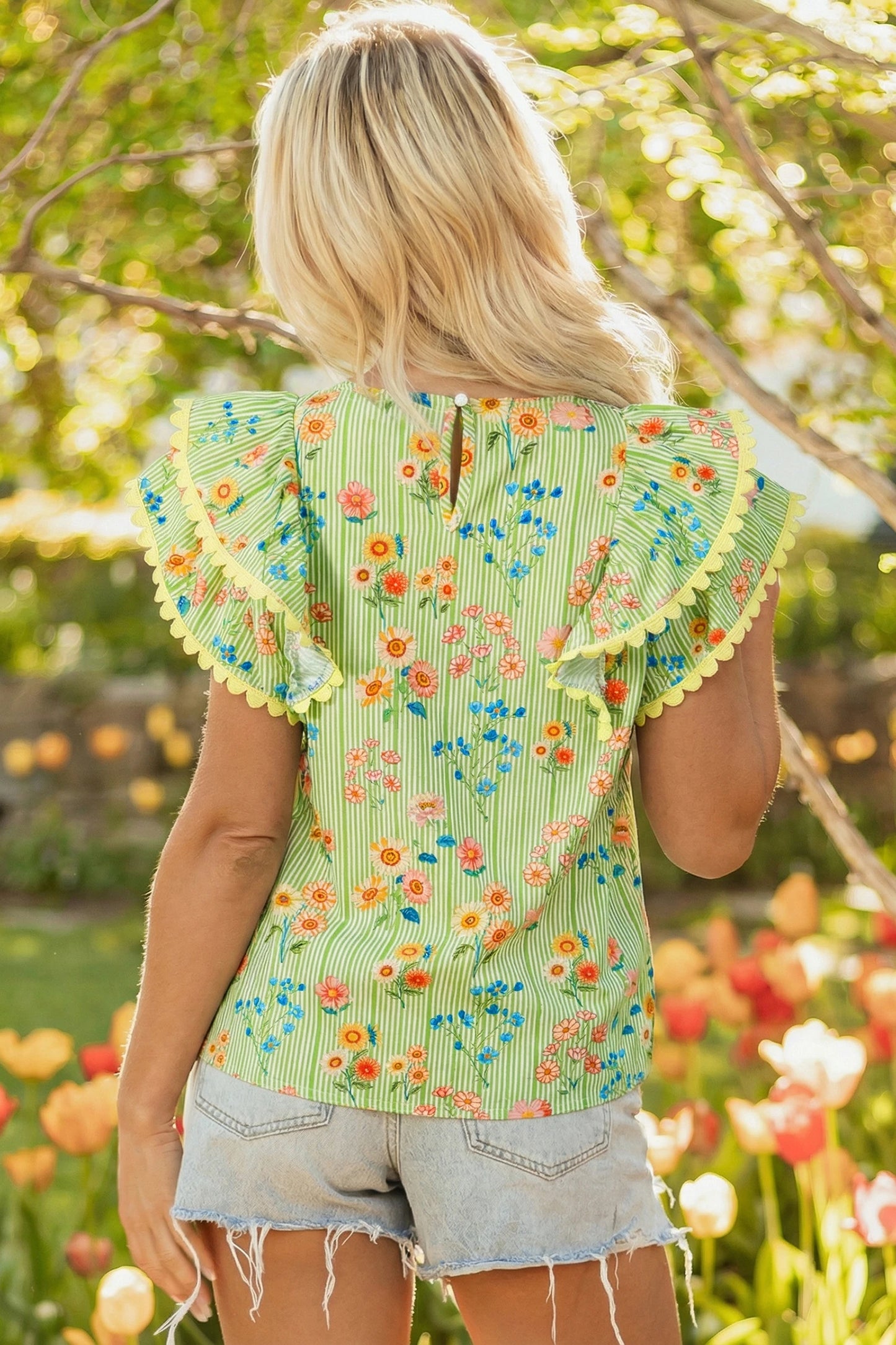 Stripe Floral Ruffle Sleeve Top | S-XL