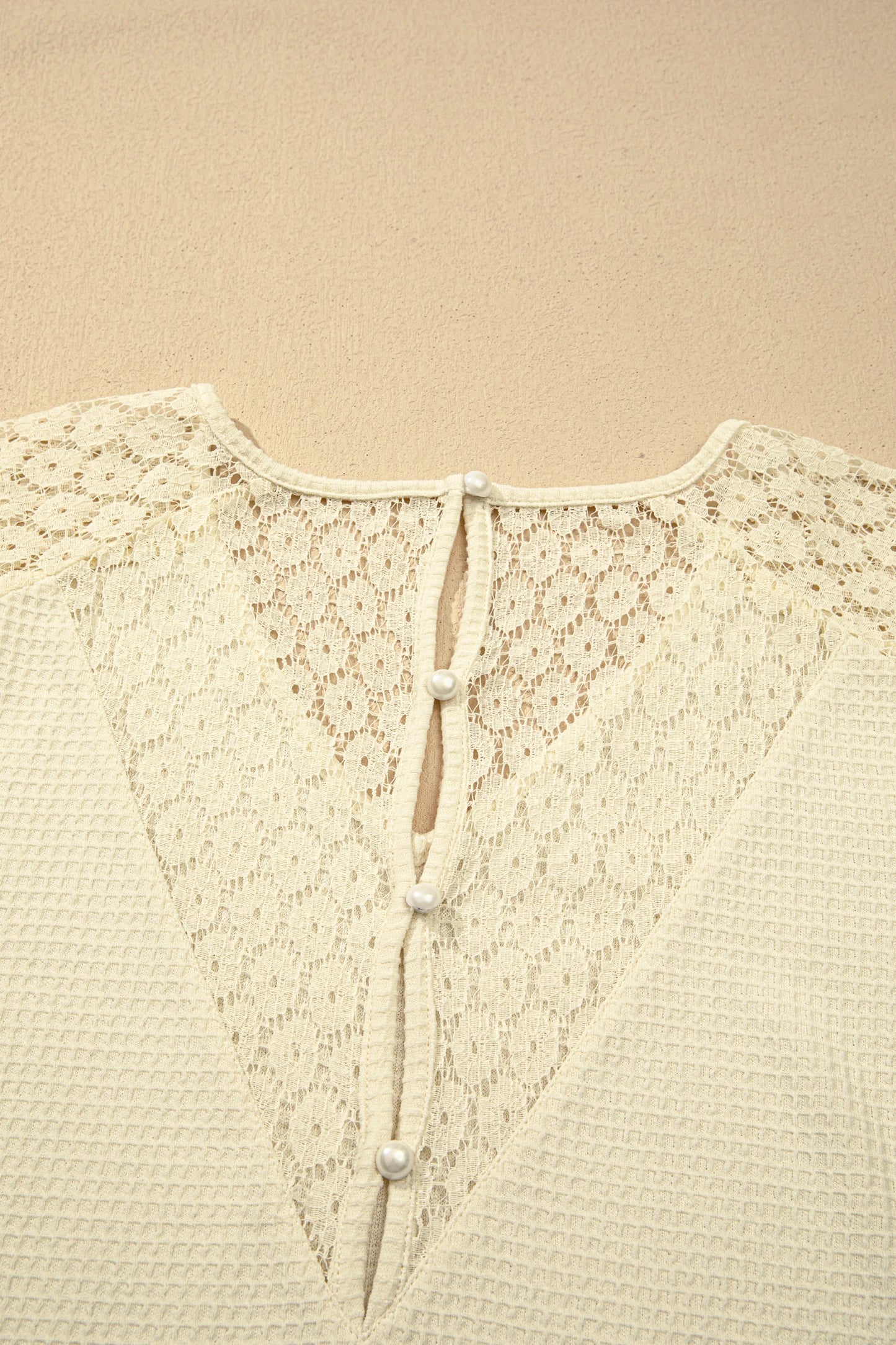 Lace Trim Cutout V-Neck Waffle Knit Button Blouse | S-XL