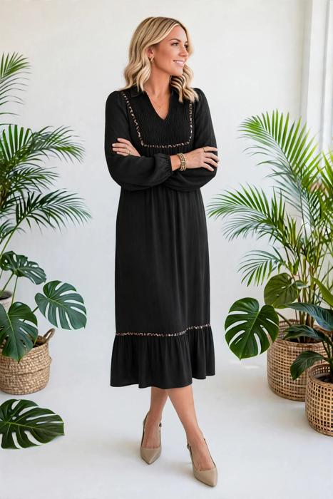 Collared V-Neck Leopard Trim Maxi Dress | S-XL