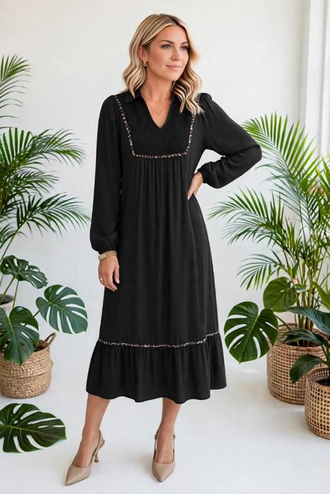 Collared V-Neck Leopard Trim Maxi Dress | S-XL