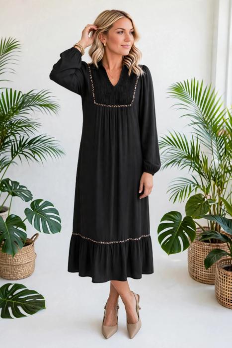 Collared V-Neck Leopard Trim Maxi Dress | S-XL