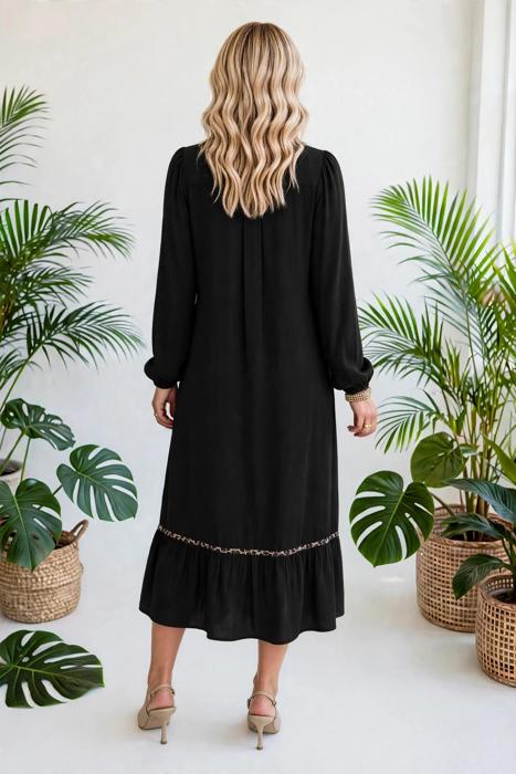 Collared V-Neck Leopard Trim Maxi Dress | S-XL