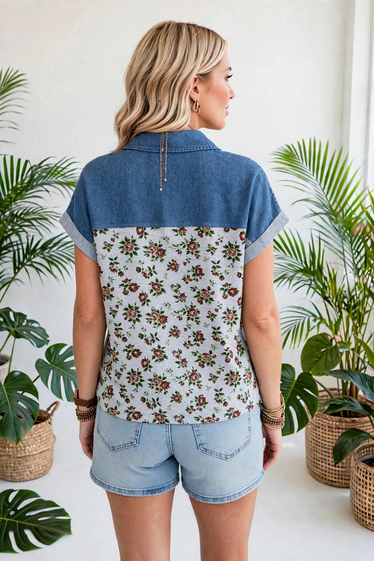 Gorgeous Retro Garden Denim Patchwork Buttoned Collar | S-XL