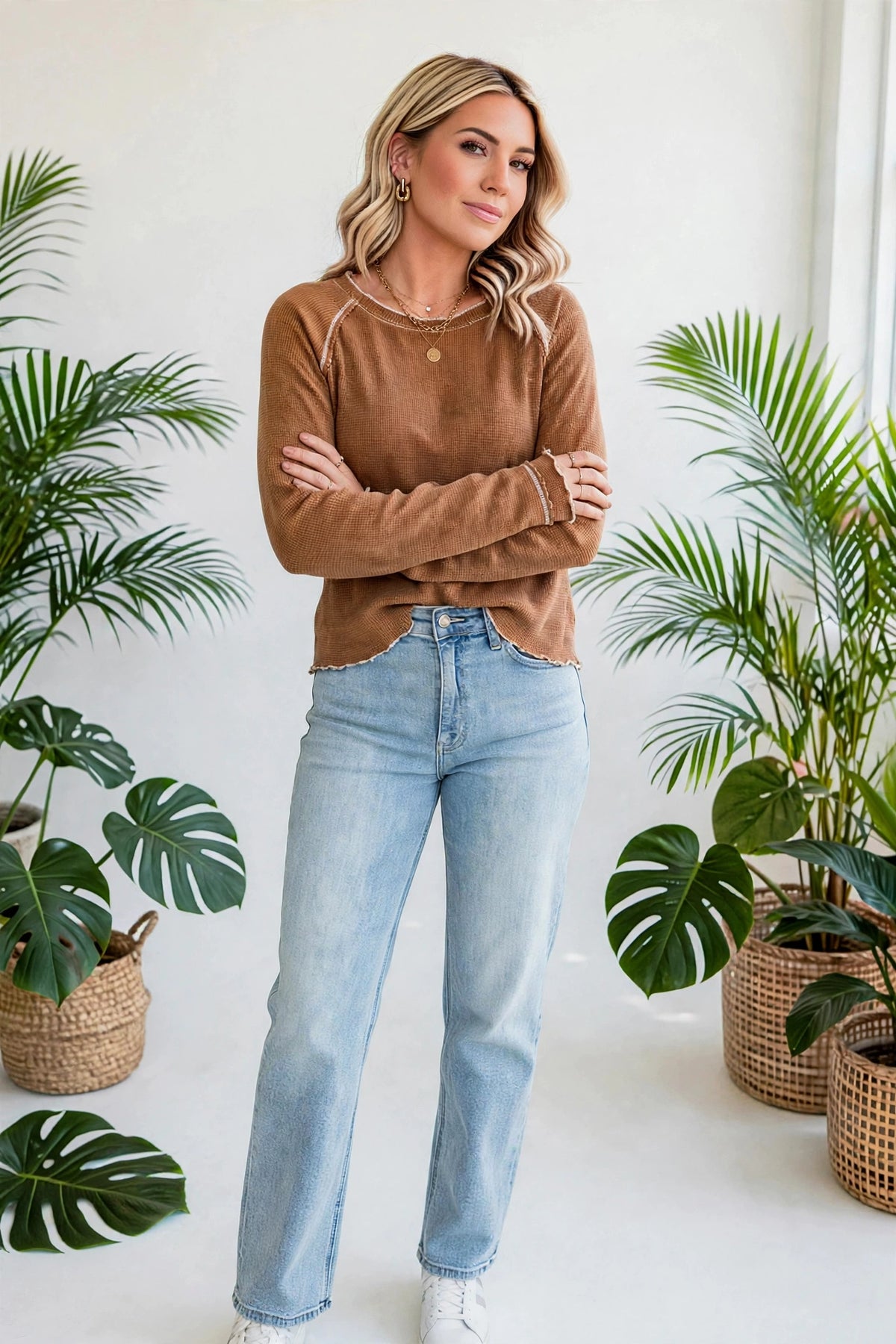 Textured Round Neck Long Sleeve Top