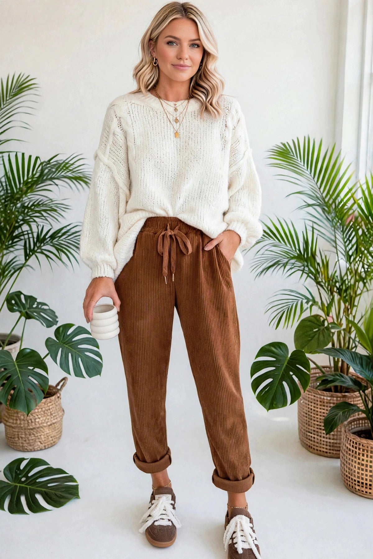 Cozy Season Babe Elastic Waist Corduroy Pants with Pockets | S-XL