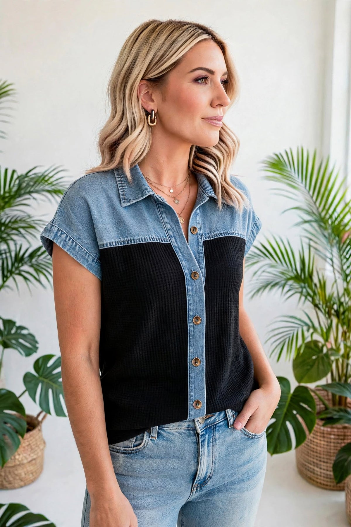 Textured Knit Colorblock Button-Down Shirt | S-XL