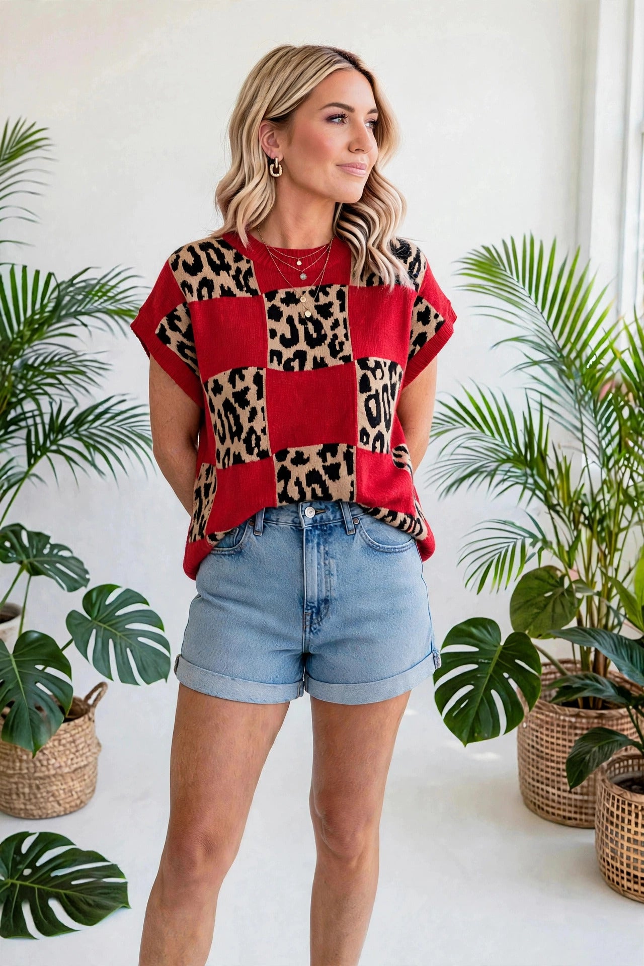 Checkerboard Short Sleeve Knit Sweater | S-XL