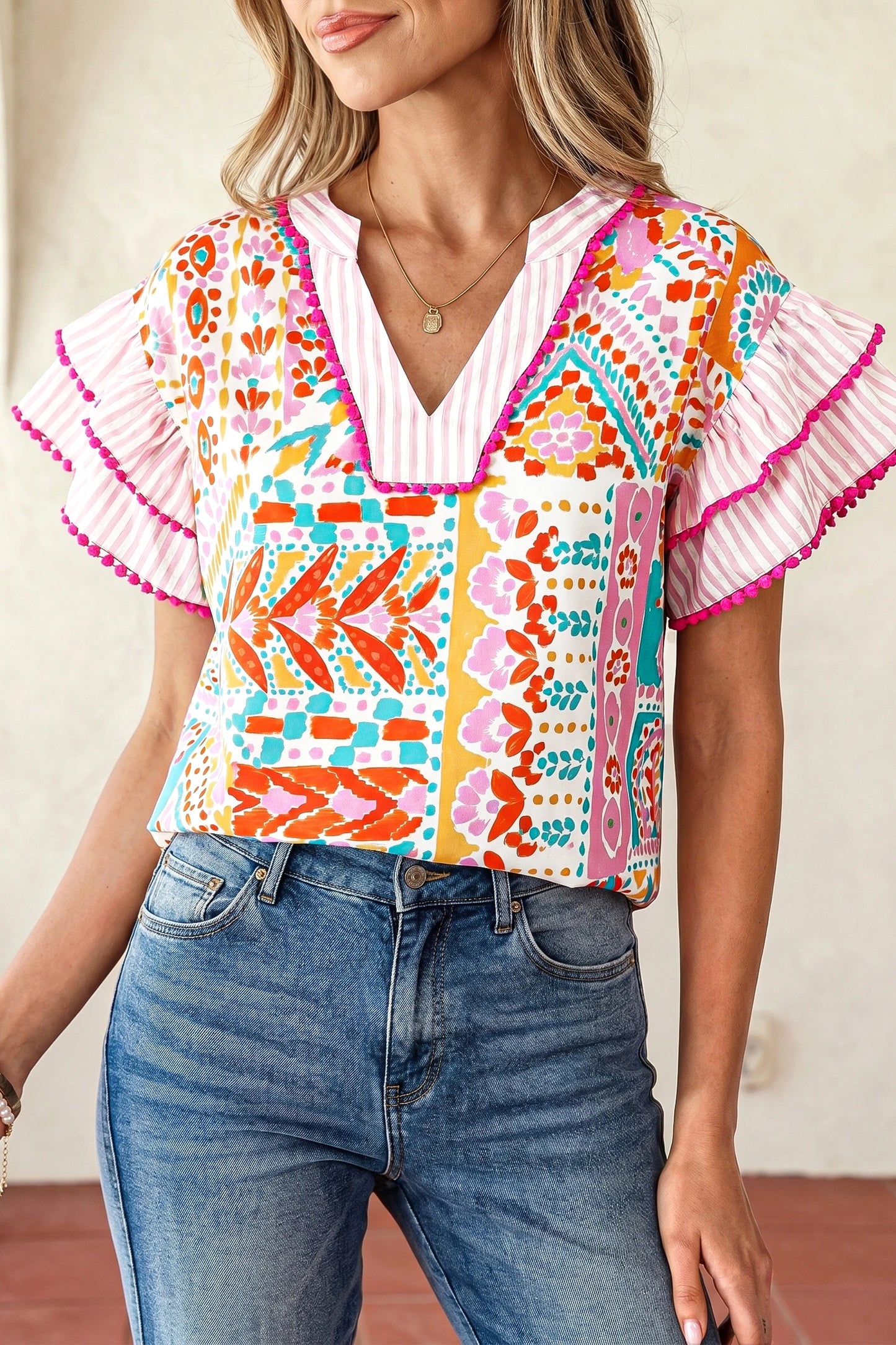Boho Mixed Print Tiered Short Sleeve Blouse | S-XL