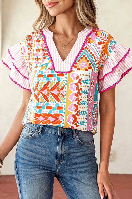 Boho Mixed Print Tiered Short Sleeve Blouse | S-XL