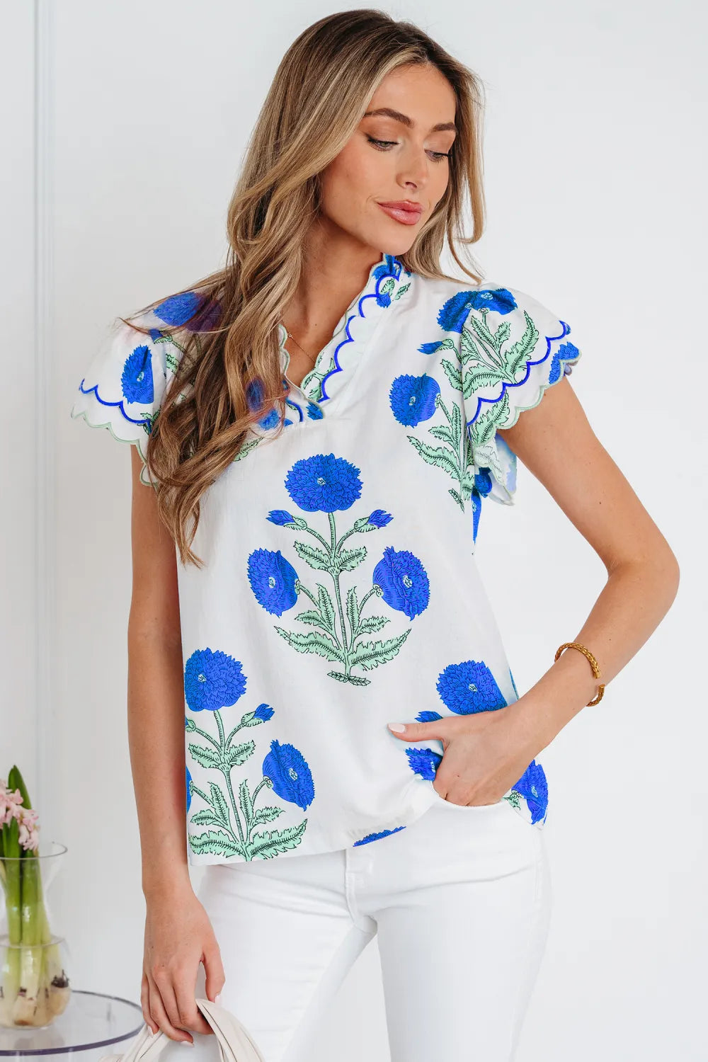 Floral  Print Scallop Trim Blouse | S-XL