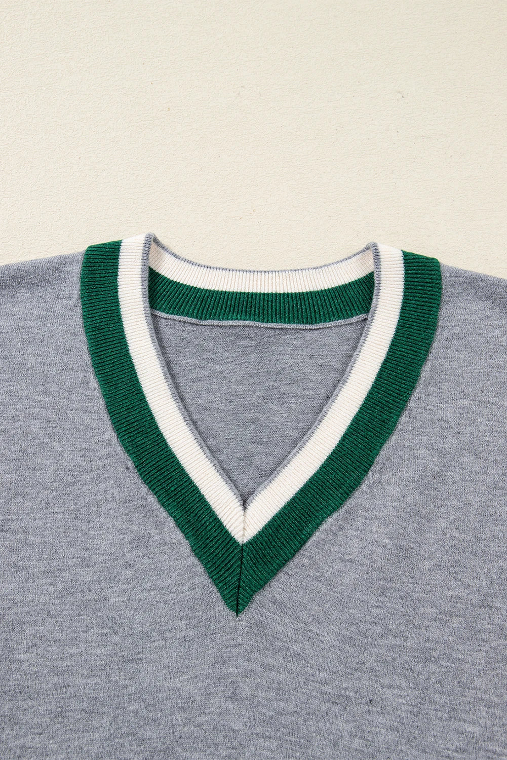 Contrast Striped Trim V Neck Varsity Light Sweater | S-XL