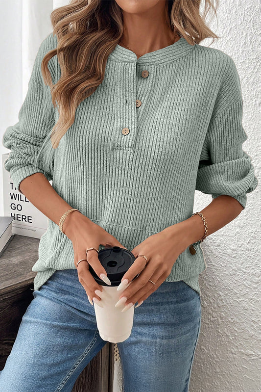 Ribbed  Henley Knit Front Pouch Pocket Top | S-XL