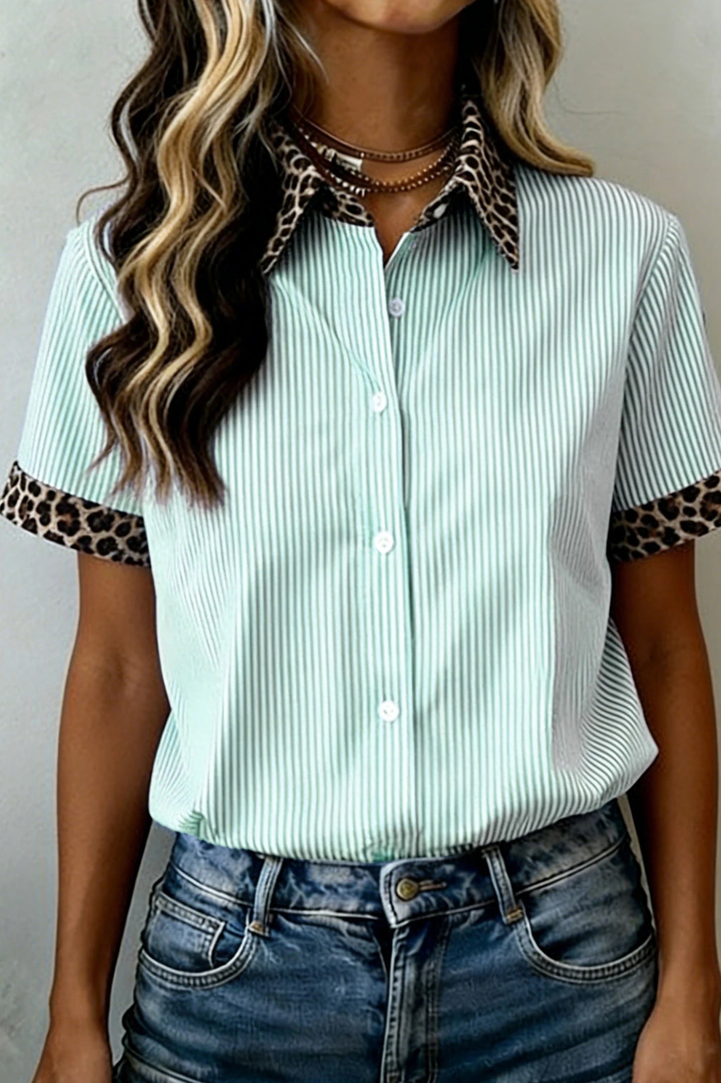 Stripe Contrast Leopard Collared Shirt | S-XL